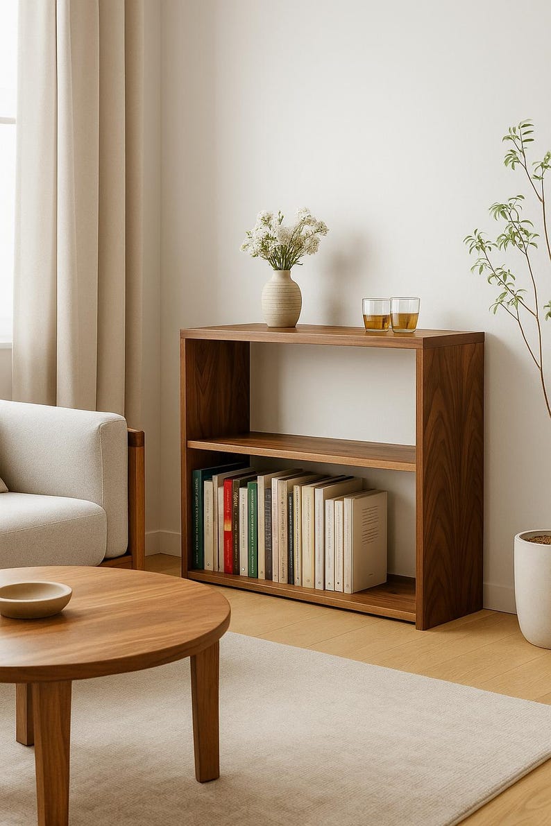May include: A low, rectangular wooden bookshelf with a rich brown grain, featuring two open shelves. The top shelf holds a beige ceramic vase with white flowers and two clear glasses. The bottom shelf is filled with a row of books with varied spines.