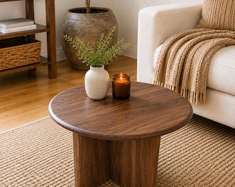 Mesa de centro redonda Vale em nogueira preta maciça – Estilo moderno japonês feito à mão – Fabricada em Quebec