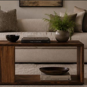 May include: A rectangular wooden coffee table with a dark brown finish and a hollow center design. The table features a flat top surface and a lower shelf, providing two levels for storage. The wood grain is visible throughout the structure.