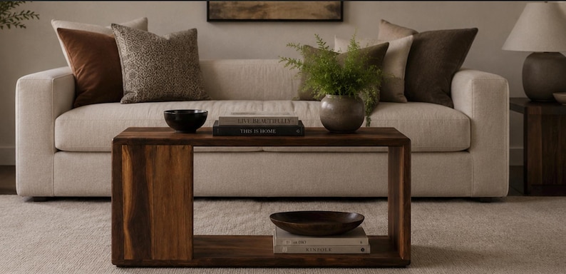 May include: A rectangular wooden coffee table with a dark brown finish and a hollow center design. The table features a flat top surface and a lower shelf, providing two levels for storage. The wood grain is visible throughout the structure.
