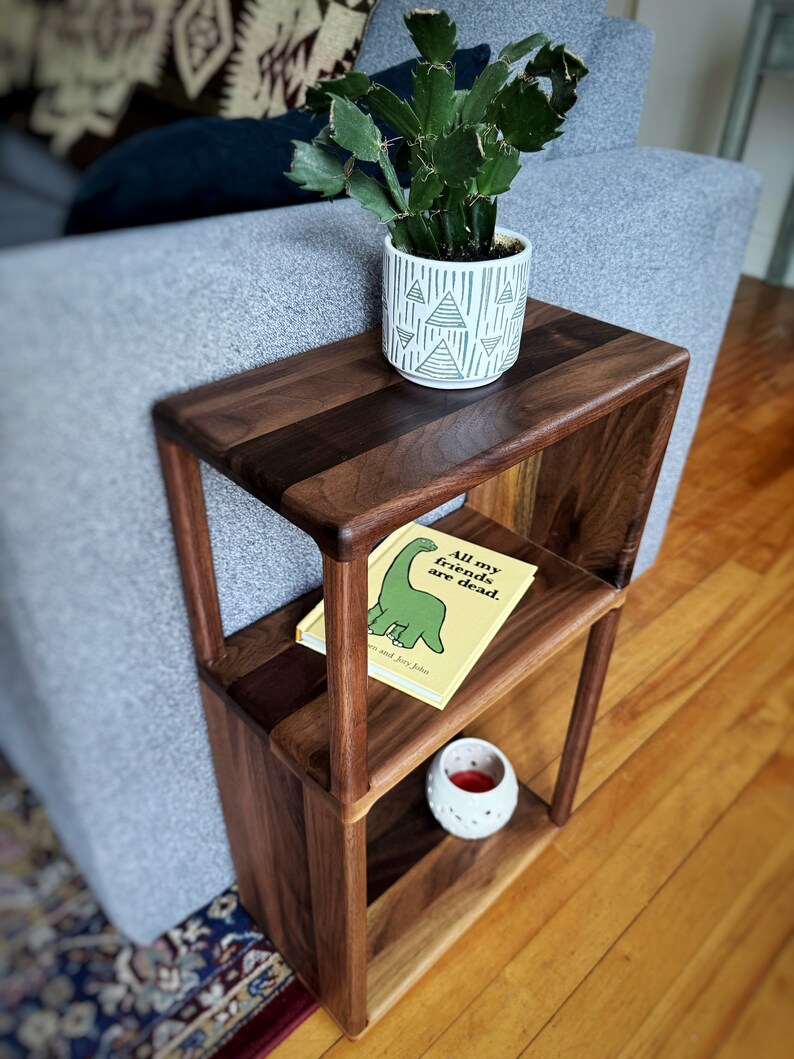 Puede incluir: Una mesa auxiliar de madera de nogal con dos estantes. El estante superior tiene un cactus en maceta y un libro titulado "All my friends are dead." El estante inferior tiene un portavelas.