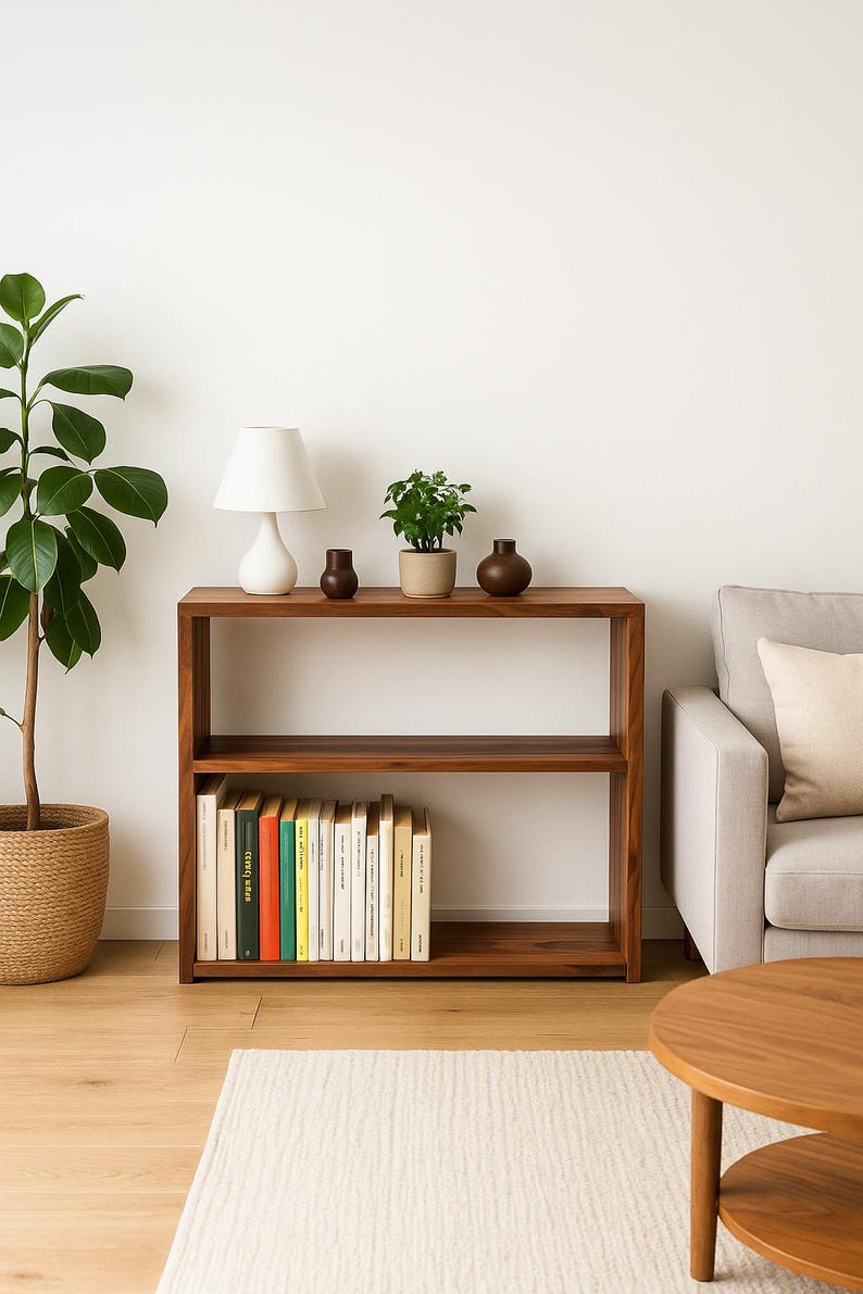 May include: A rectangular wooden bookshelf with two open shelves. The top shelf holds a white table lamp, a small green plant in a beige pot, and two dark brown vases. The bottom shelf contains a row of books with various colored spines.