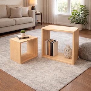 May include: Two light-coloured wooden cube-shaped side tables. One is smaller, with a plant and books on top. The larger table has books and a decorative vase inside. The tables sit on a grey rug in a living room setting.