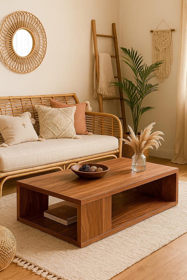 May include: A rectangular wooden coffee table with a smooth brown finish and an open storage shelf underneath. The table features a clean-lined design with a solid top surface and a lower compartment, providing a functional piece for a living space.