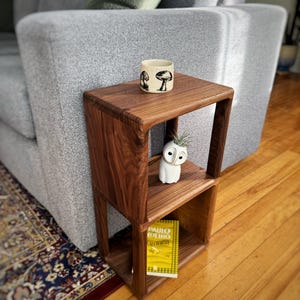 May include: A two-tiered wooden side table with a square top and open shelves. The table is made of dark walnut wood and has a natural finish. A small white ceramic mug with a black mushroom design sits on the top shelf. A small white owl figurine sits on the lower shelf. A yellow paperback book titled "Paulo Coelho, The Alchemist" is on the lower shelf.