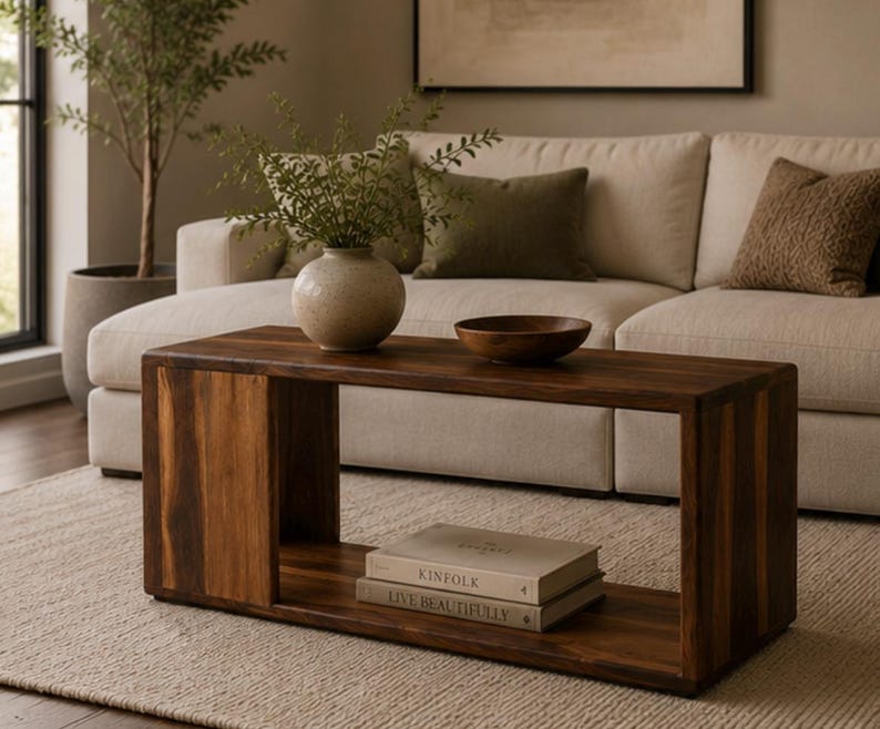 May include: A rectangular dark wood coffee table with an open shelf design. The top surface holds a speckled beige ceramic vase with green foliage and a small dark wooden bowl. Two stacked books titled Kinfolk and Live Beautifully sit below.