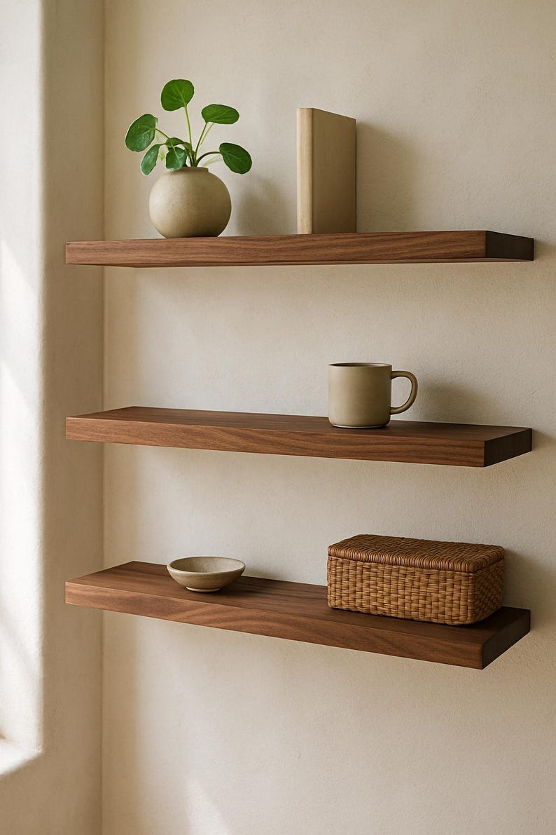 May include: Three dark wood floating shelves mounted on a light-colored wall. The top shelf holds a small plant in a beige pot and a book. The middle shelf has a beige mug. The bottom shelf has a small bowl and a woven basket.
