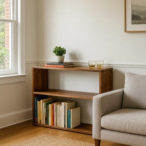 May include: A low, rectangular wooden bookshelf with two open shelves. The top shelf holds a small potted green plant, two stacked books, and two clear drinking glasses. The bottom shelf is filled with a row of various books with colorful spines.