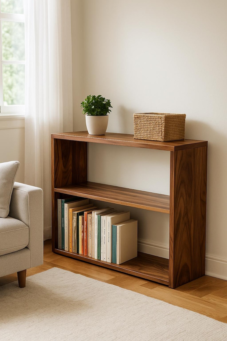 May include: A rectangular wooden bookshelf with two open shelves featuring a rich brown wood grain finish. The top shelf holds a small potted green plant and a woven basket. The bottom shelf contains a row of books with various colored spines.