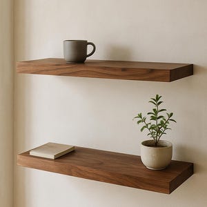 May include: Two floating wooden shelves with a dark brown finish are mounted on a light beige wall. The top shelf holds a dark gray mug. The bottom shelf has a small potted plant and a small, light-colored square object.