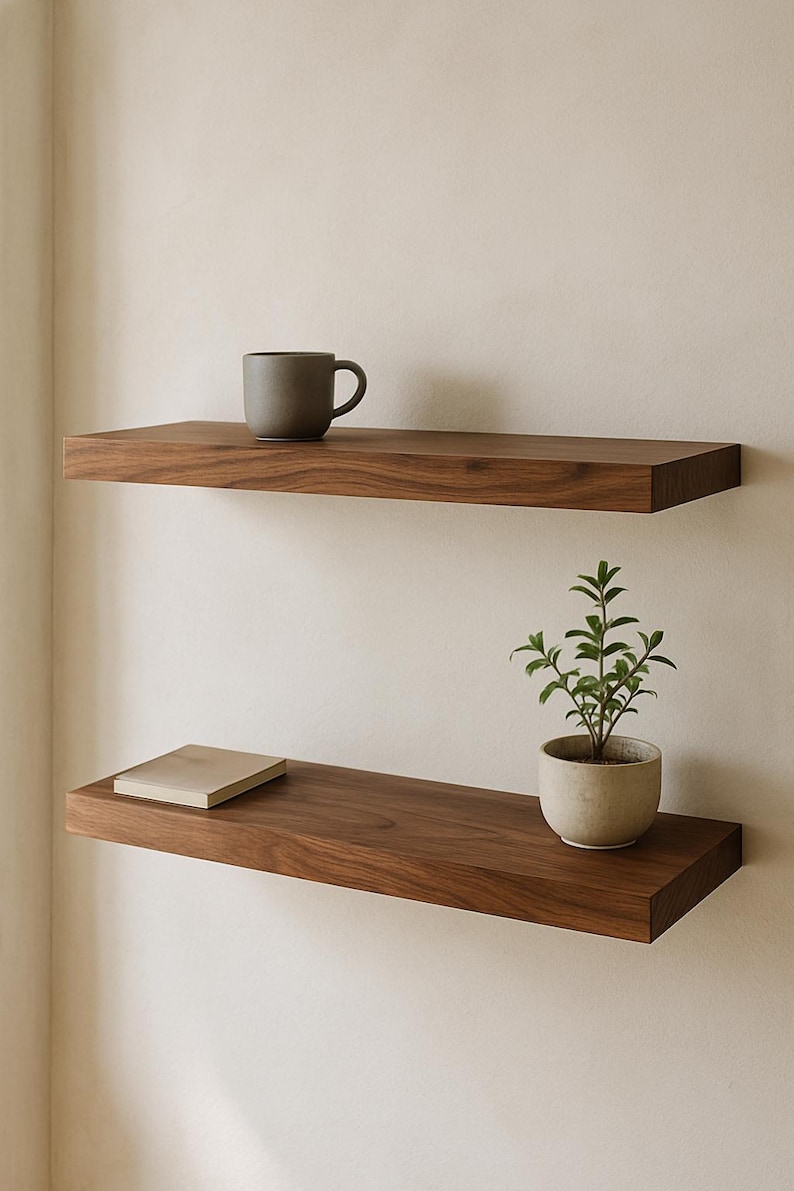 May include: Two floating wooden shelves with a dark brown finish are mounted on a light beige wall. The top shelf holds a dark gray mug. The bottom shelf has a small potted plant and a small, light-colored square object.