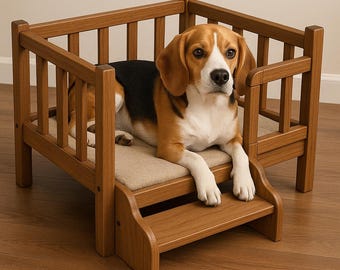 Hundebett aus Holz mit Stufen Holzbearbeitungsplan – DIY Haustierbett PDF – Bauanleitung für Erhöhte Hundecouch – Digitaler Download – Tiermöbel