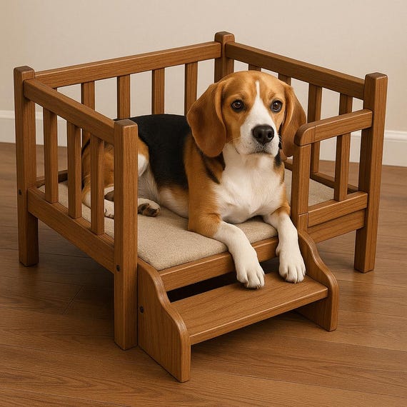 階段付き木製犬用ベッドのDIYプラン - PDF 木工で作る収納付きペット