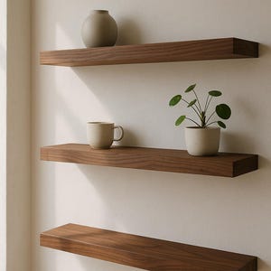 May include: Three floating wooden shelves mounted on a neutral-colored wall. The shelves are stained a rich brown and hold a small vase, a mug, and a potted plant. The shelves are a modern and minimalist design.