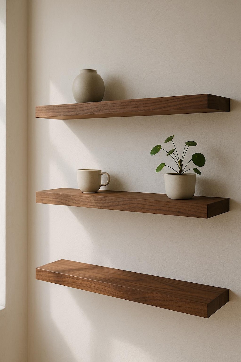 May include: Three floating wooden shelves mounted on a neutral-colored wall. The shelves are stained a rich brown and hold a small vase, a mug, and a potted plant. The shelves are a modern and minimalist design.