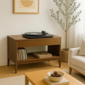 Record Player Stand Plan – DIY Mid-Century Vinyl Console – Solid Wood Turntable Table Blueprint – PDF Furniture Plan for LP Storage