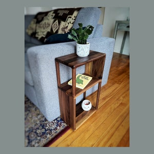 May include: A walnut wood side table with three shelves. The top shelf has a small potted plant, the middle shelf has a book titled "All My Friends Are Extinct" and the bottom shelf has a white candle.
