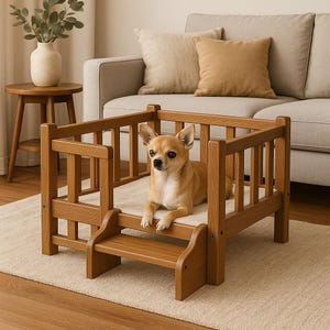 May include: A small, light brown dog rests in a wooden dog bed with a step. The bed has a rectangular frame with vertical slats and a light-colored cushion. The dog is a Chihuahua, with a short coat and alert expression.