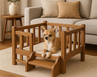 Hundebett mit Treppe Holzbearbeitungsplan – DIY Erhöhtes Haustierbett PDF – Kleine Hunde Couch Design – Digital Download