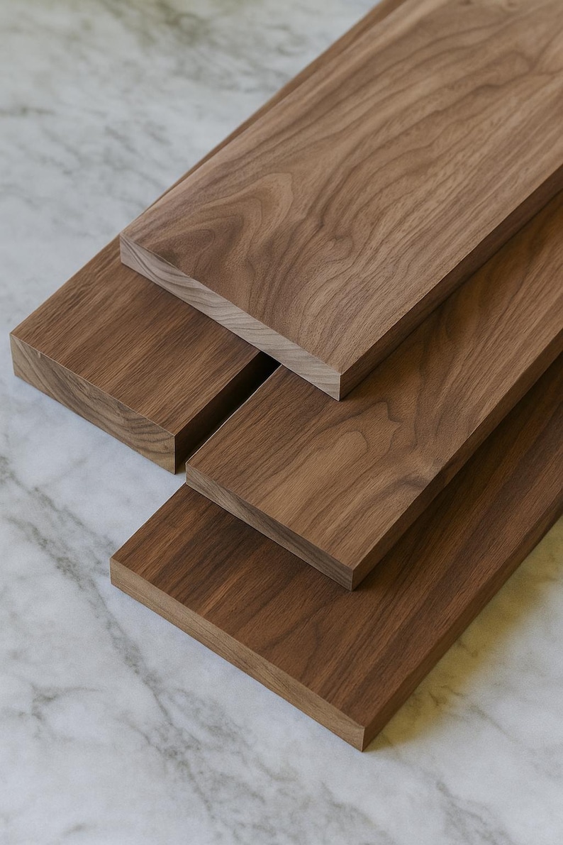 May include: Four rectangular wooden planks with a rich, dark brown color and visible wood grain are arranged on a white and gray marble surface. The planks are stacked at different angles, showcasing their natural texture.
