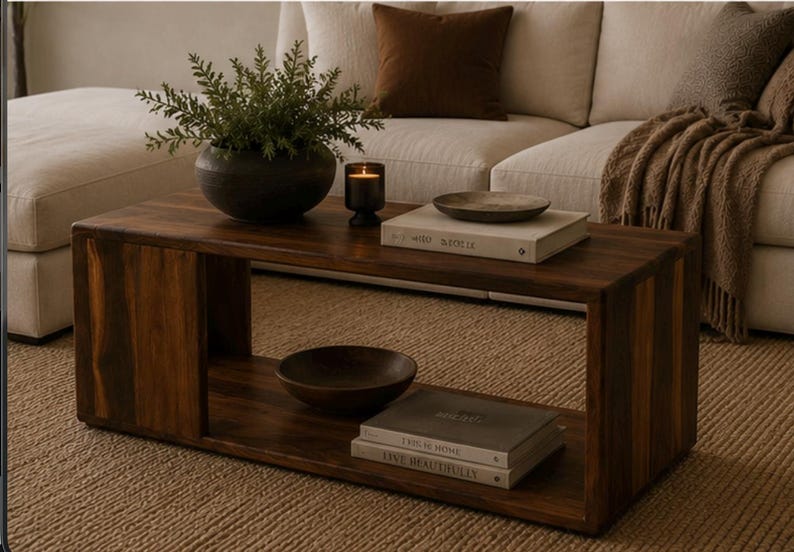 May include: A rectangular dark brown wooden coffee table with an open shelf design. The top surface holds a dark bowl with a green plant, a small lit candle in a dark glass holder, and a shallow bowl resting on a beige book. A dark bowl and two stacked books sit on the lower shelf.