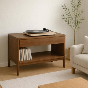 May include: A brown wooden record player stand with a turntable and a stack of books. The stand has a shelf and drawer. A plant and a sofa are in the background. The rug is white.