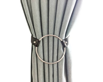 Leather Curtain Holdbacks, Minimal Curtain Tie Backs, Black Boho Curtain Tieback, Curtain Pull Backs, Loop, Holder, Hooks, Home Accents