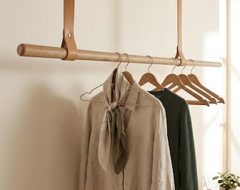 Leather Ceiling Straps, Clothing Rack Rod Holder, Ceiling Curtain Rod Holder, Garment Rack, Wooden Clothes Rack, Laundry Hanging, Home Decor
