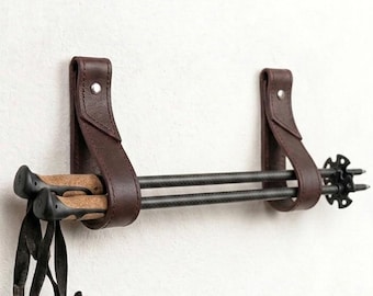 Leather Ski Pole, Trekking, Walking Pole Wall Mount Holder