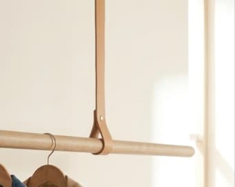 Leather Ceiling Straps, Clothing Rack Rod Holder, Ceiling Curtain Rod Holder, Garment Rack, Wooden Clothes Rack, Laundry Hanging, Home Decor