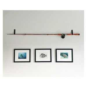 May include: A white wall with a fishing rod mounted on a black bracket. Three framed pictures of fish are hung below the rod. The pictures are black frames with white mounts and are all the same size.