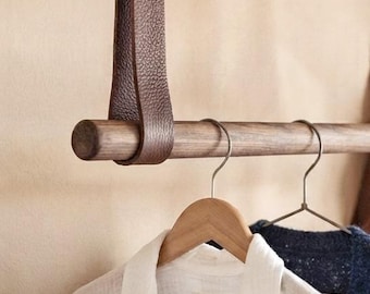 Leather Ceiling Straps, Clothing Rack Rod Holder, Ceiling Curtain Rod Holder, Garment Rack, Wooden Clothes Rack, Laundry Hanging, Home Decor