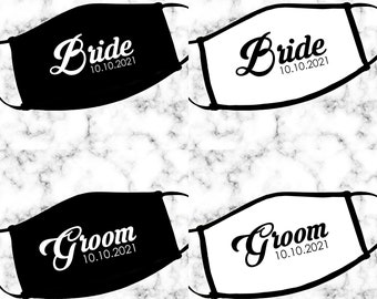 Bride and Groom Face Mask, Mrs and Mrs Mask, Wedding Party Masks, Washable, Adjustable, Kids, Youth, Adult Sizes