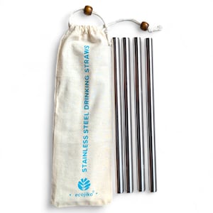 May include: Set of four silver stainless steel drinking straws in a white canvas bag with the text "ecojiko" and "STAINLESS STEEL DRINKING STRAWS" printed on it.
