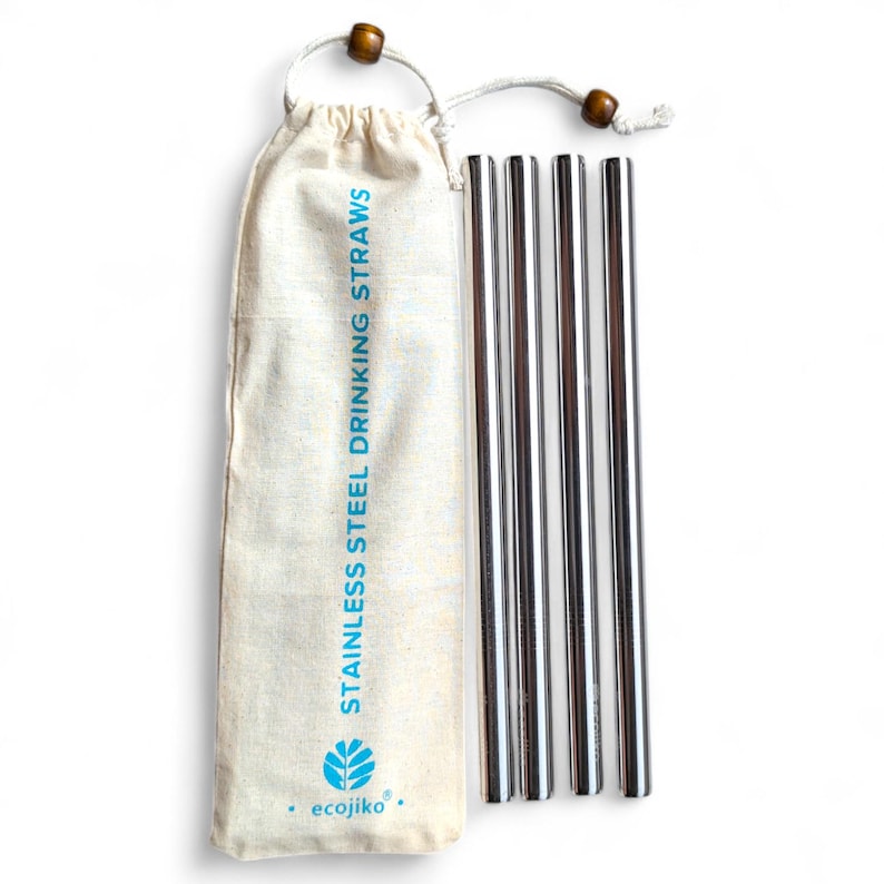 May include: Set of four silver stainless steel drinking straws in a white canvas bag with the text "ecojiko" and "STAINLESS STEEL DRINKING STRAWS" printed on it.