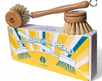 May include: A set of two eco-friendly dish brushes with wooden handles and natural bristles. The brushes are packaged in a yellow box with the text "Dish Brush & Head" and the ecojiko logo.