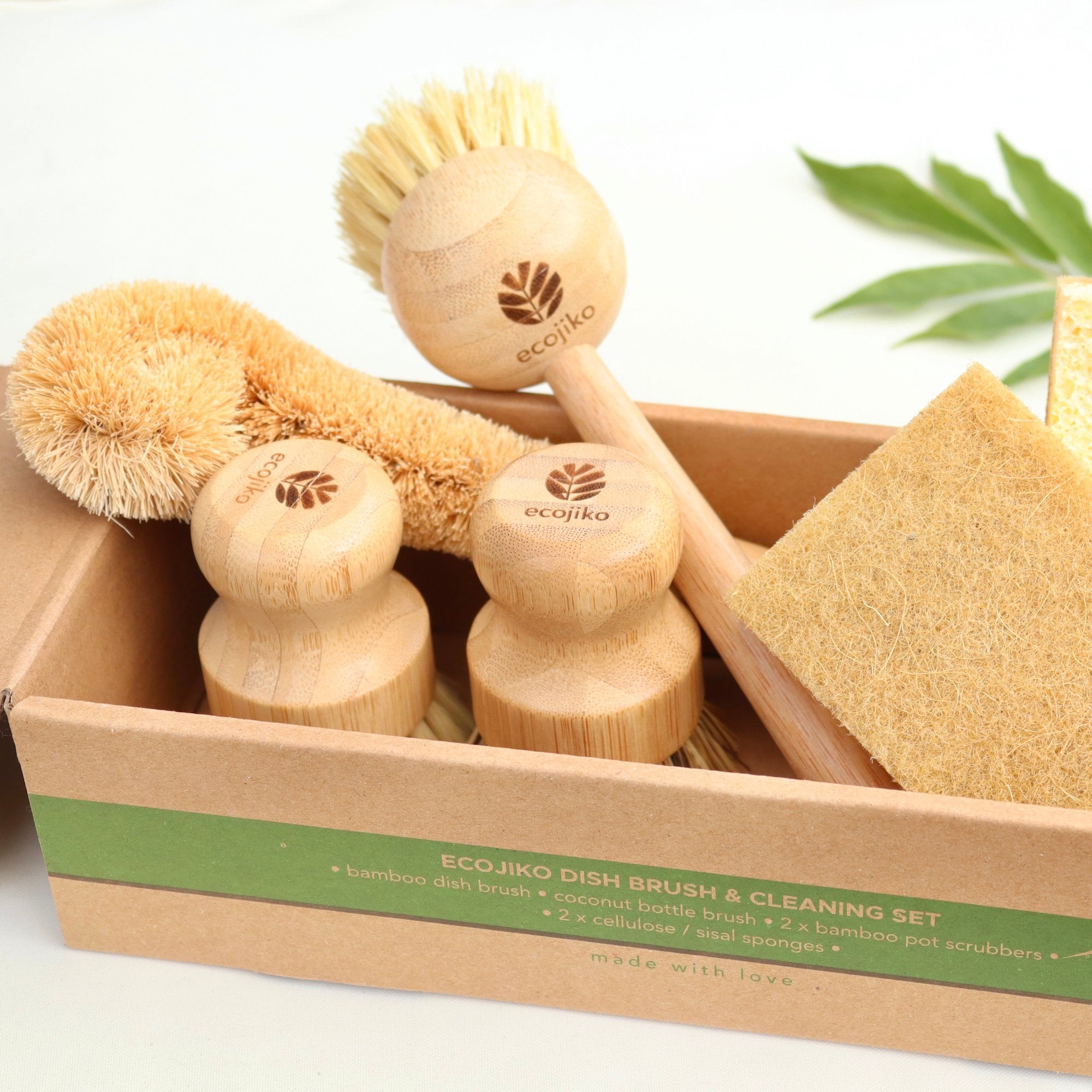 Zero Waste Kitchen Kit: Bamboo Pot Scrubber, Wood Dish Brush, Loofah Sponges, Plastic-Free Cellulose Sponges, Bamboo Brush Holder, Wood Soap Tray