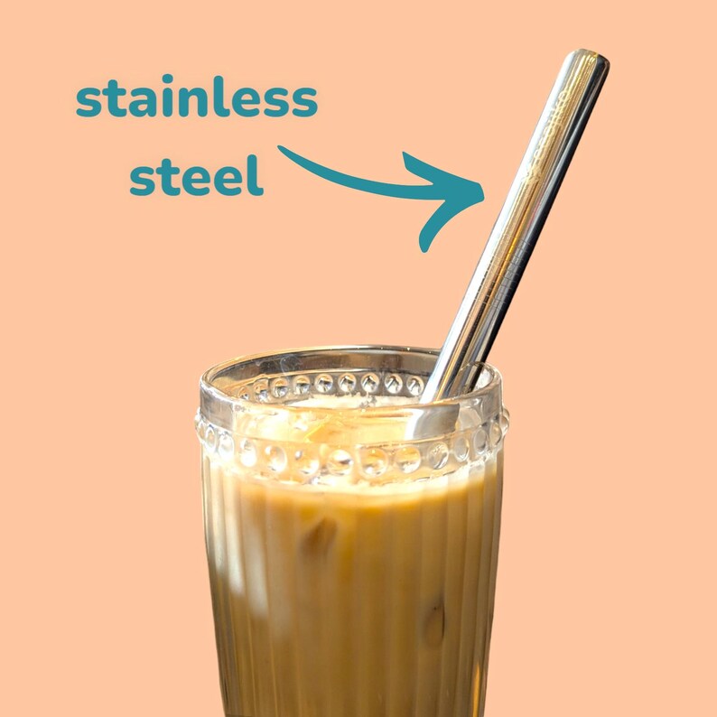 May include: A stainless steel drinking straw in a glass of iced coffee. The text "stainless steel" is written on the image.