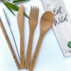 Bamboo Reusable Travel Cutlery Picnic Set, Plastic Free Travel Utensils, Bamboo Straw, Eco Friendly Housewarming Gift