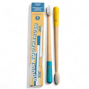 Sustainable Bamboo Toothbrush, Plastic Free Toothbrush, Eco Friendly Gift, Blue and Yellow Wooden Toothbrush, Adult Medium 2 pack Toothbrush
