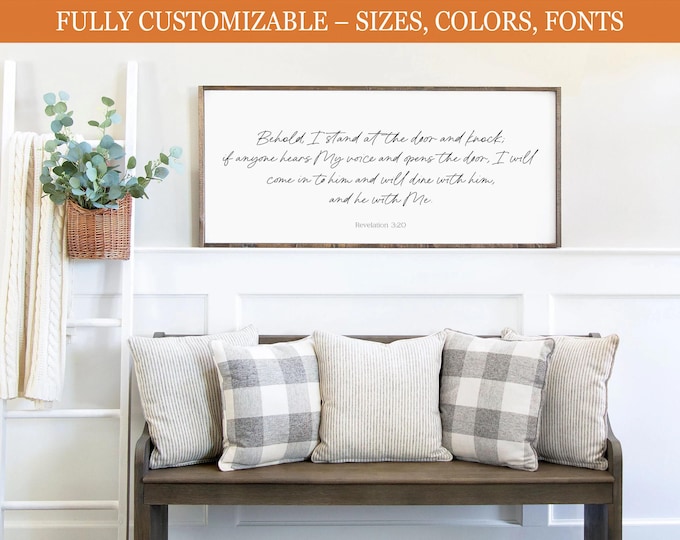 Revelation 3:20 | Behold, I stand at the door and knock | Bible Verse Framed Wood sign,Scripture Wood Sign Dining Room | Framed Wood sign