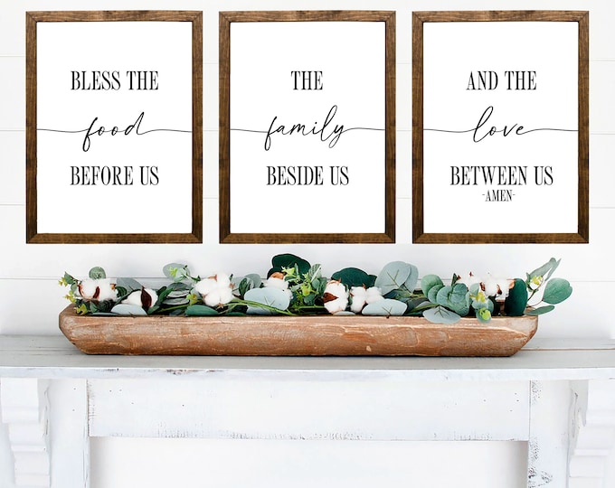 Bless the Food Before Us, The Family Beside Us, And the Love Beside Us Kitchen Signs - Living Room Set of 3 Prints - Dining Room Wall Art