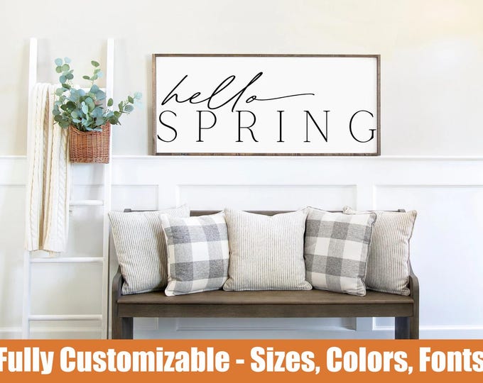 Hello Spring Sign – Rustic Seasonal Decor, Farmhouse Wooden Wall Art