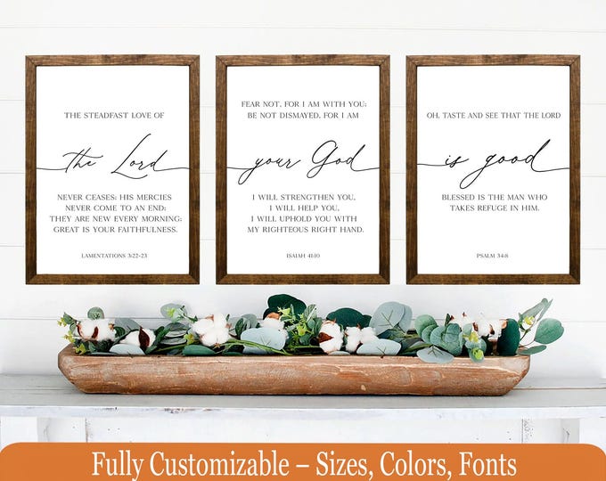 Set of 3 Bible Verse Prints – Rustic Christian Wall Art – Lamentations, Isaiah, Psalm