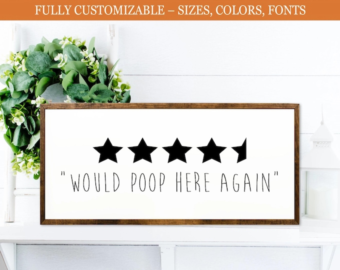 5-Star Bathroom Wood Sign | “Would Poop Here Again” Funny Decor