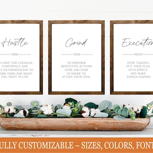 Hustle, Grind, Execution Definition Signs (Set of 3) – Modern Motivational Office Decor, Wooden Wall Art