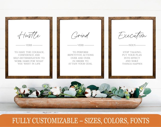 Hustle, Grind, Execution Definition Signs (Set of 3) – Modern Motivational Office Decor, Wooden Wall Art