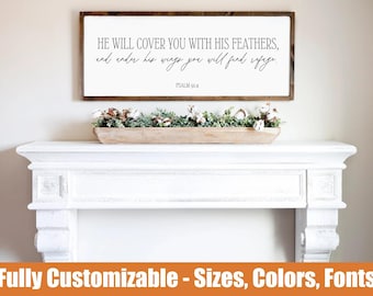 He will cover you with his feathers sign | Psalm 91:4 | bible verse sign | living room decor| bible verse sign | scripture wall art decor