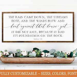 Matthew 7:25 Sign – ‘Foundation on the Rock’ – Christian Farmhouse Wall Decor