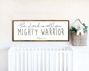 The Lord Is With You Mighty Warrior - Judges 6:12 - Bible Verse Wall Art - Bible Verse Sign - Baby Boy Gift - Boys Room Scripture - Signs